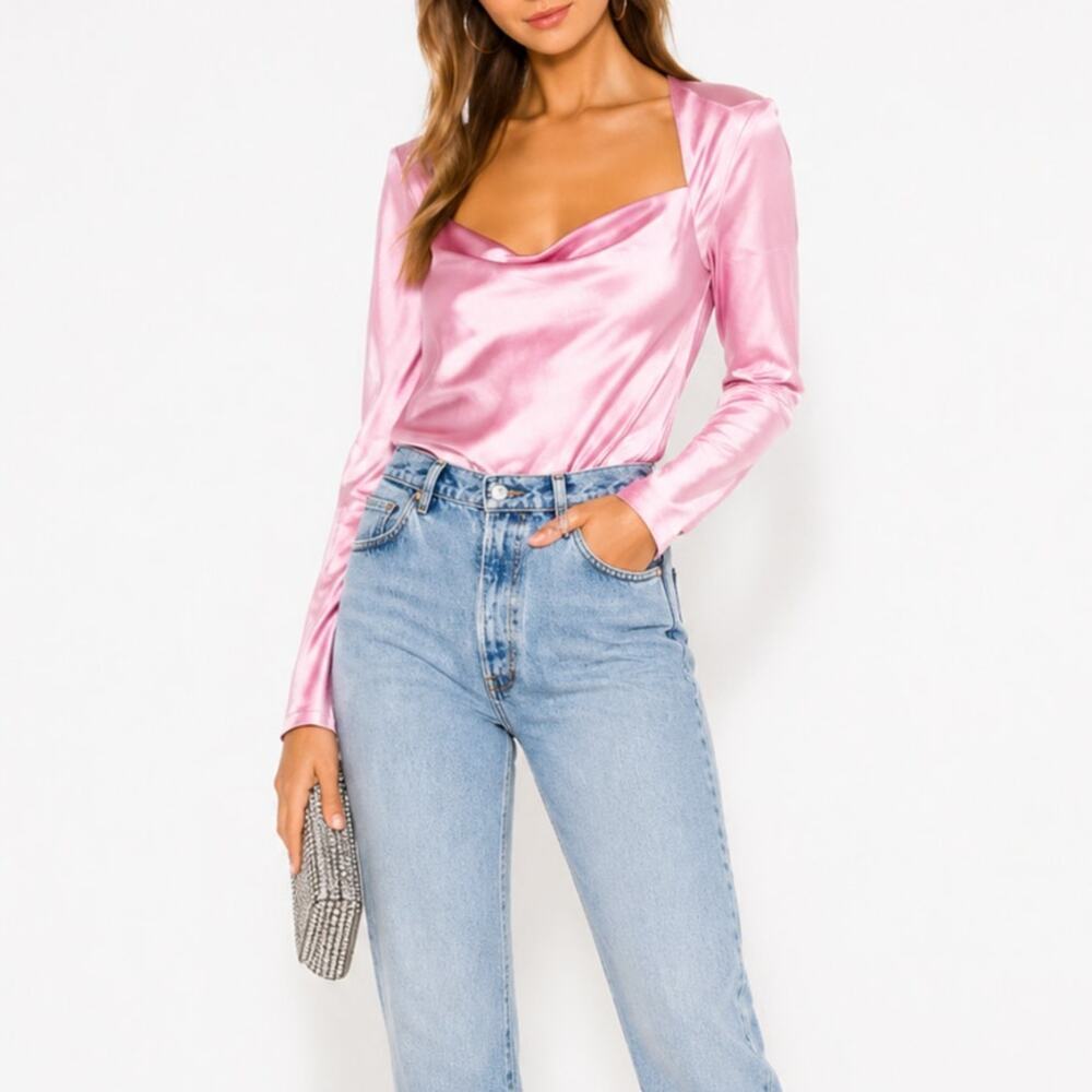 C/MEO Collective Pink Satin Cowl Neck Open Back Top
